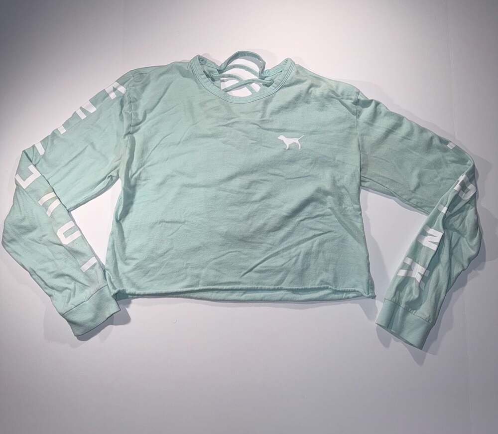 Victoria's Secret PINK Mint Green Long Sleeve Crop Top with Back Lace-Up